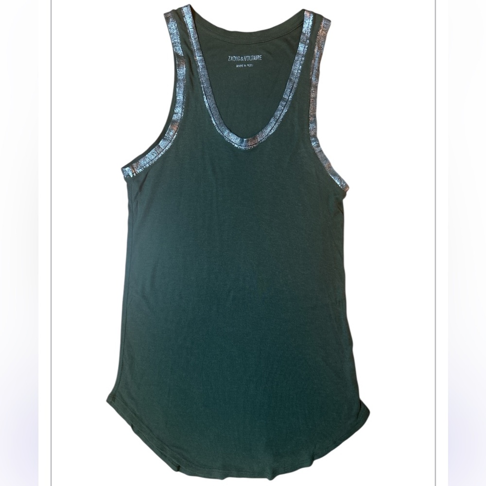 Zadig & Voltaire Green Sleeveless Scoop Tank Top Silver Foil Size:M